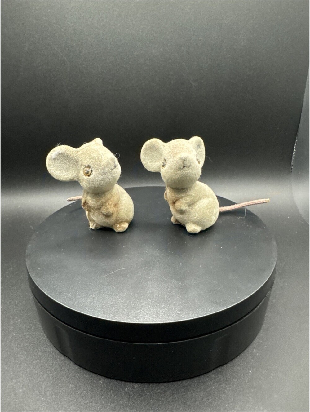Set Of 2 Vintage Flocked Mice - Made In Hong Kong - 2” Mouse